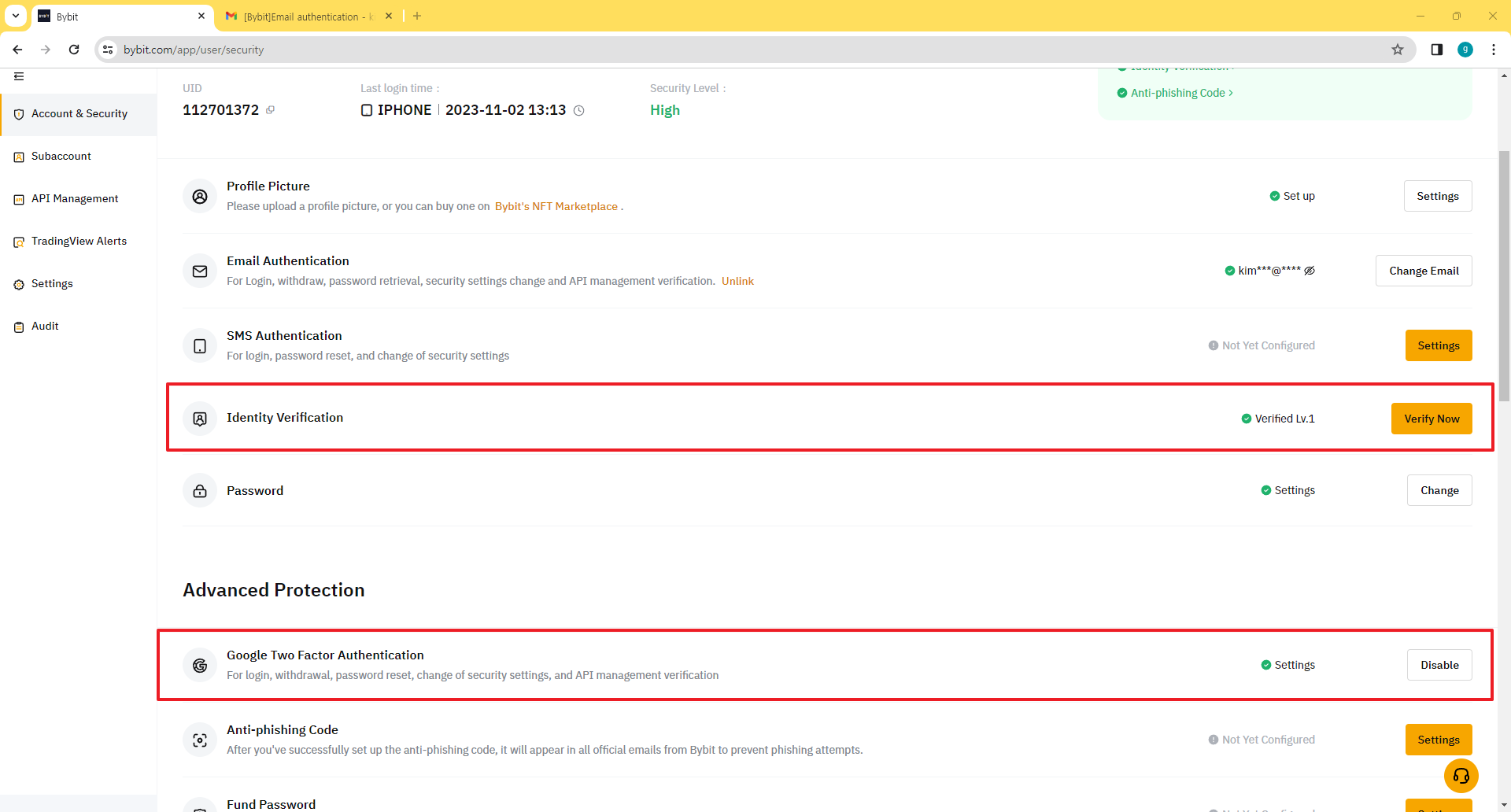 바이비트가입하기-바이비트 신원인증과 보안인증 세팅 완료 화면