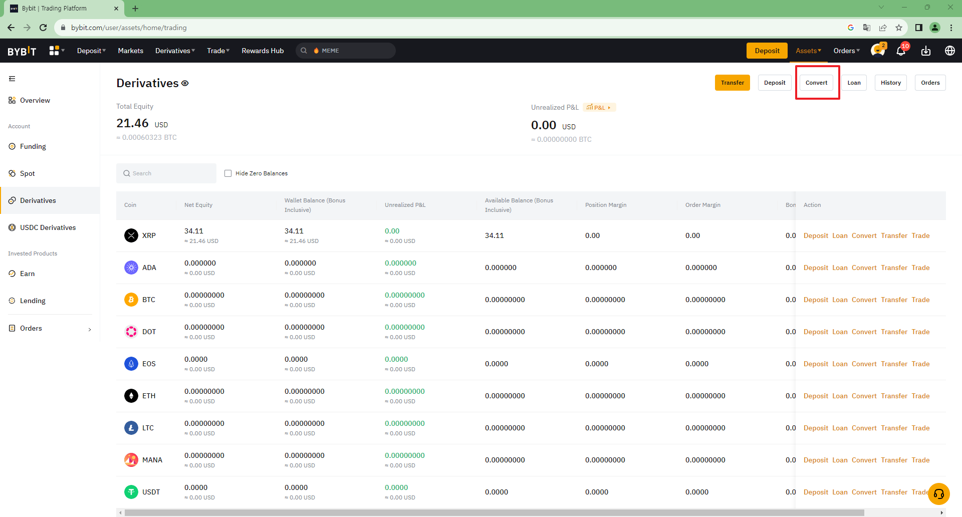 바이비트입금방법-선물 지갑으로 리플을 옮긴 후 Convert 누르기